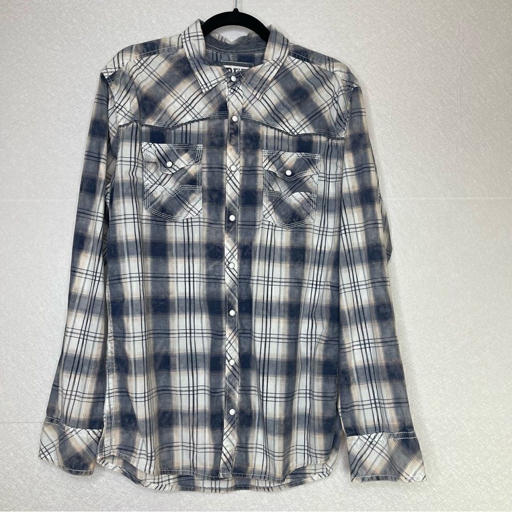 Buckle Pearl Snap Front Plaid Long Sleeve Shirt L